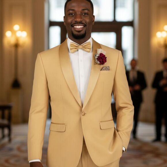 VINCI SLIMFIT 2 PIECE ONE BUTTON SHAWL COLLAR TUXEDO WITH MATCHING BOW TIE TSS-2 - Picture 1 of 3